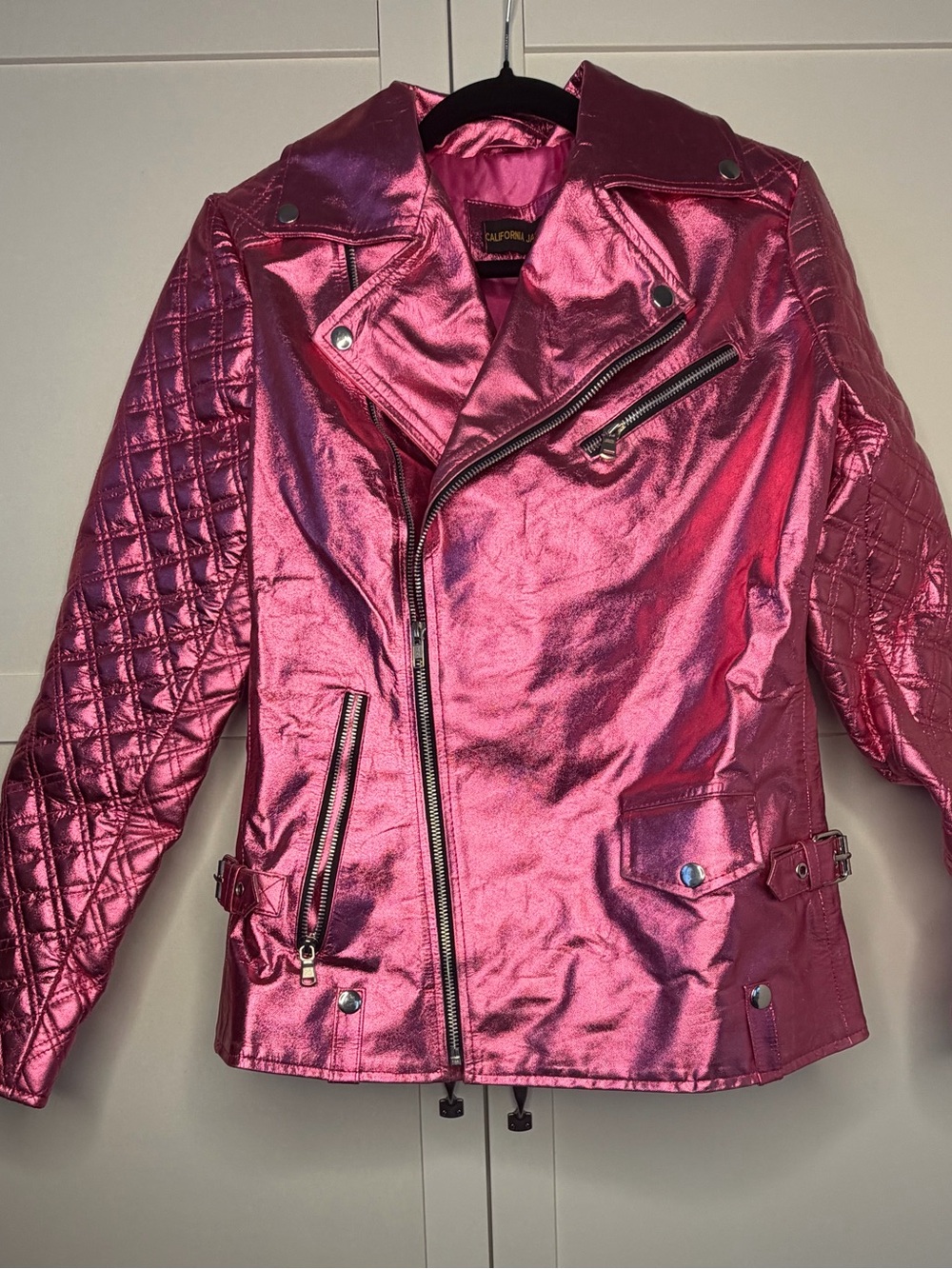 Women’s Metallic Pink Quilted Leather Moto Jacket